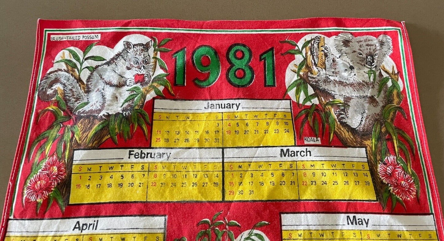 Vintage Souvenir Tea Towel Australian Animals "1981" Calendar Year Cotton