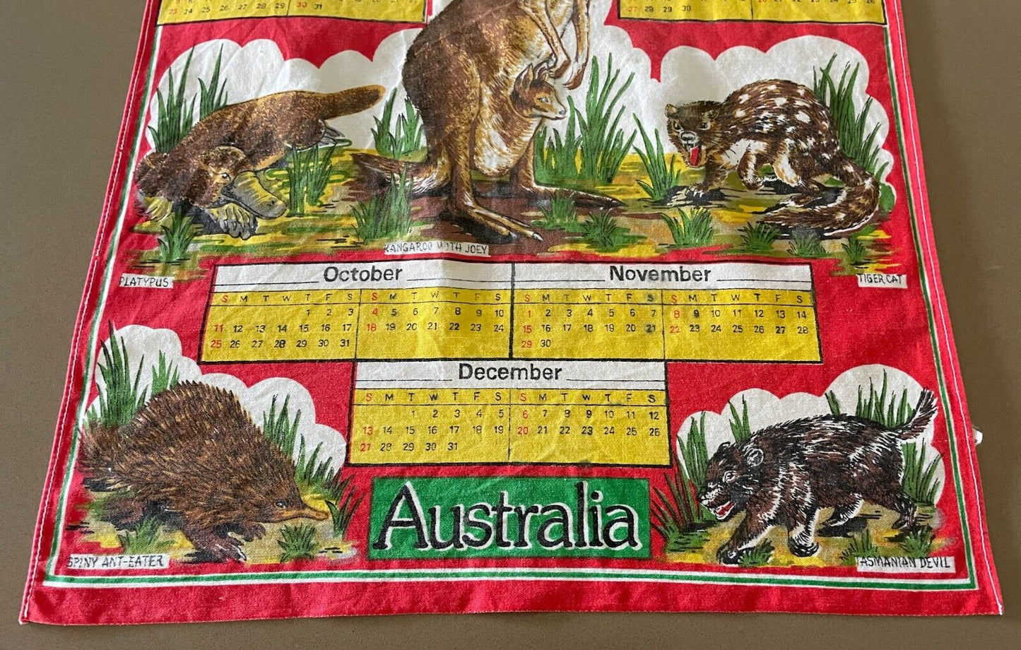 Vintage Souvenir Tea Towel Australian Animals "1981" Calendar Year Cotton