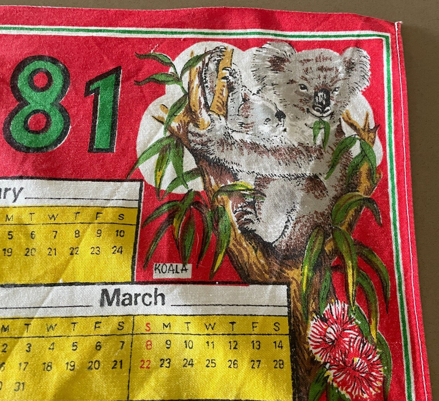 Vintage Souvenir Tea Towel Australian Animals "1981" Calendar Year Cotton