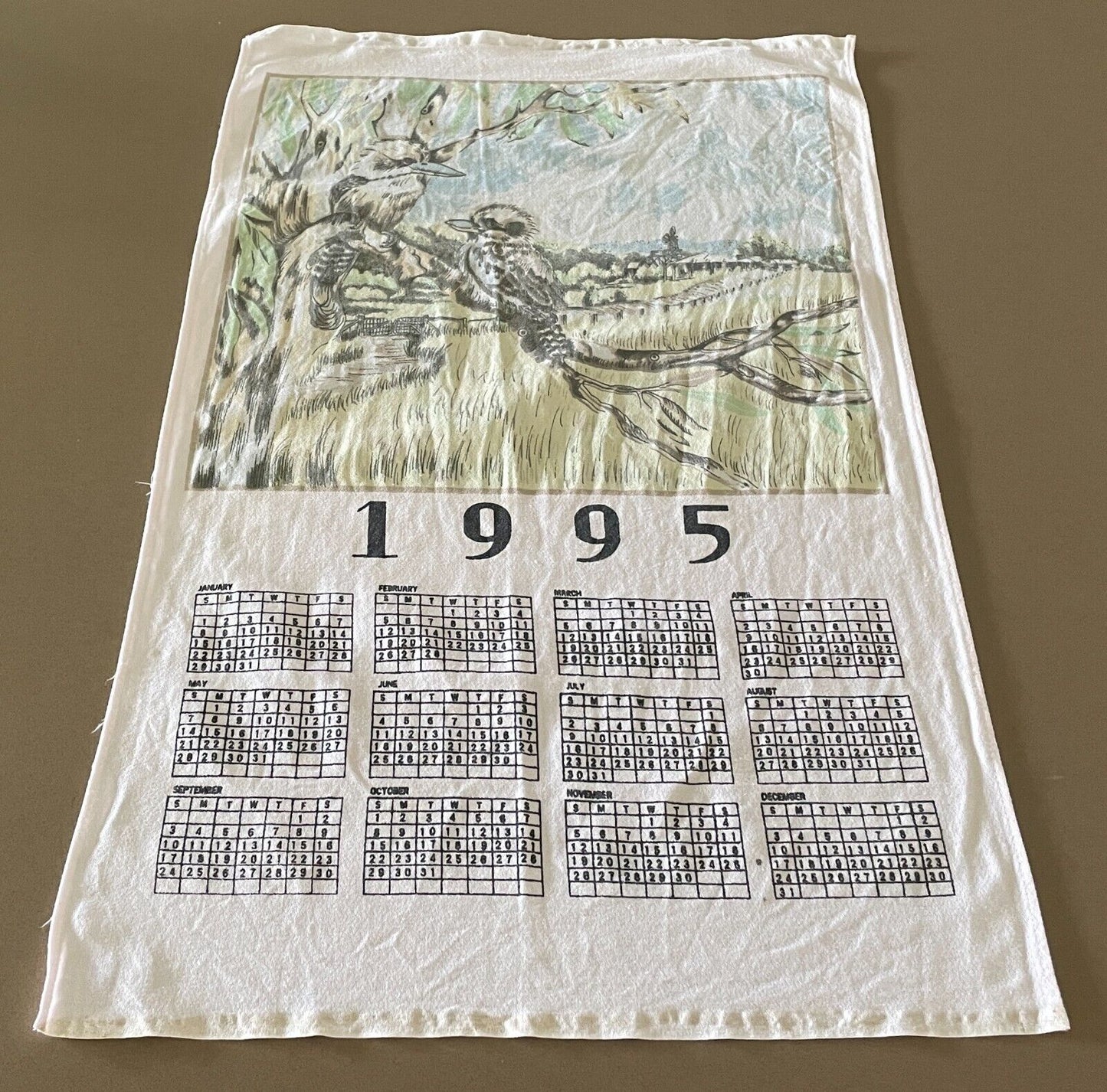 Vintage 1995 Tea Towel Kookaburra Rural Country Scene Print Calendar Year