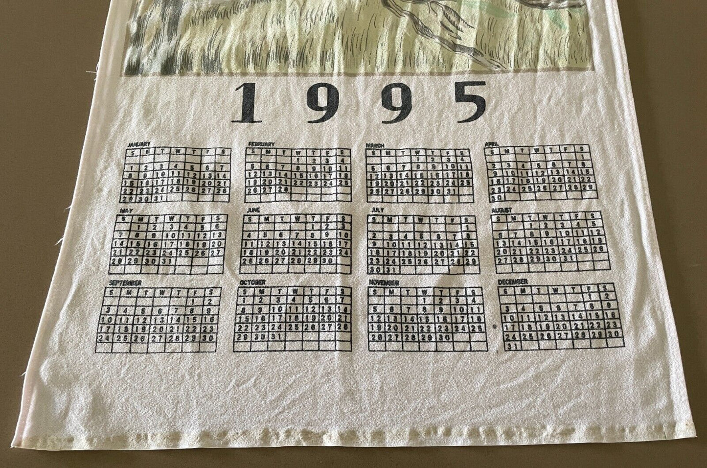 Vintage 1995 Tea Towel Kookaburra Rural Country Scene Print Calendar Year