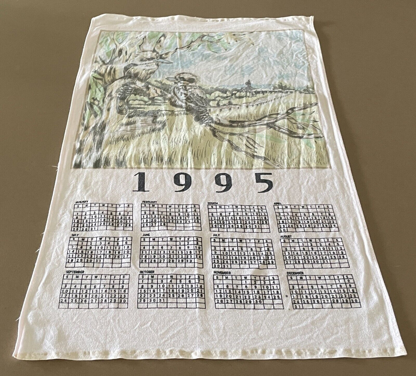 Vintage 1995 Tea Towel Kookaburra Rural Country Scene Print Calendar Year