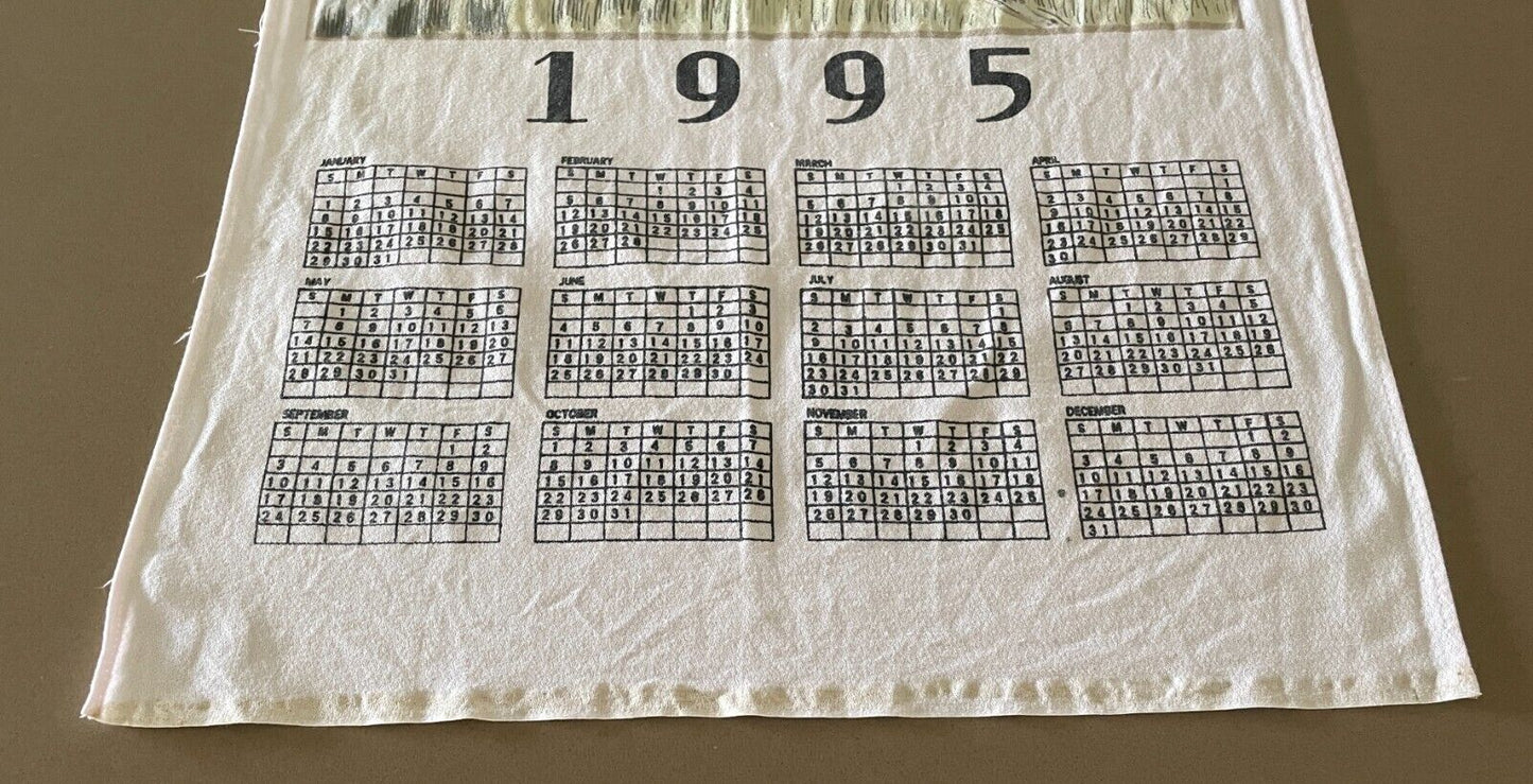 Vintage 1995 Tea Towel Kookaburra Rural Country Scene Print Calendar Year