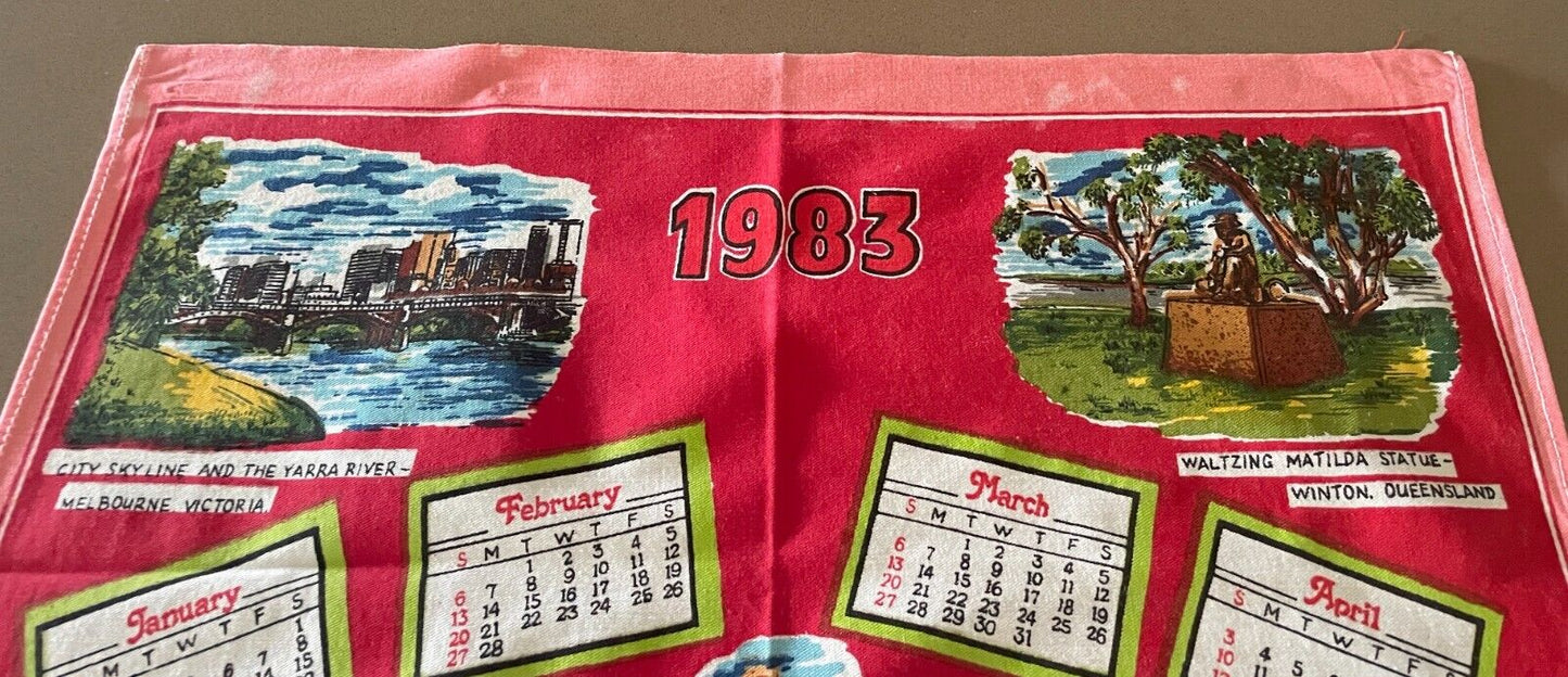 Vintage 1983 Calendar Year Tea Towel Australia LANDMARKS Tourist Attraction