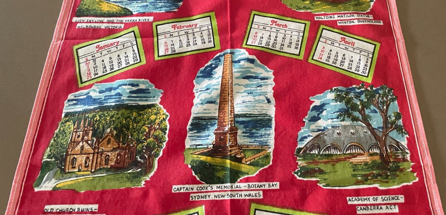 Vintage 1983 Calendar Year Tea Towel Australia LANDMARKS Tourist Attraction