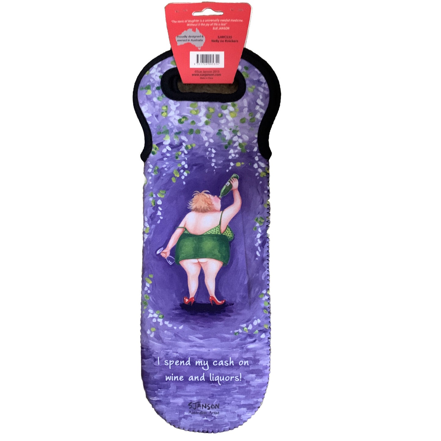 New WINE SAC ‘ Nelly No Knickers ’ Sue Janson Australia Design Neoprene Novelty