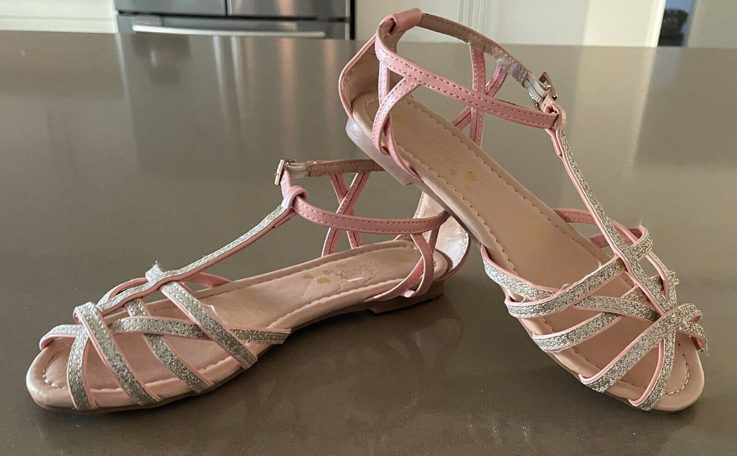 NO BOYZ Sandals Pink & Glitter PU Cut Out Open Toe Ankle Strap Flat Girls Size 2
