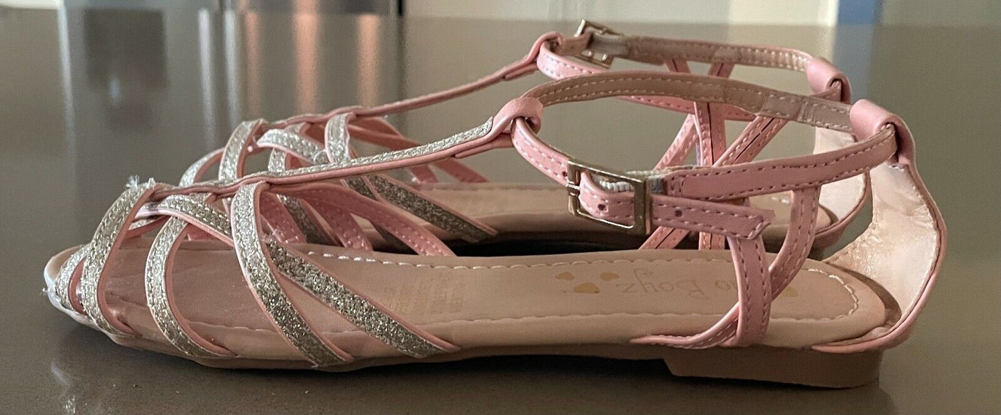 NO BOYZ Sandals Pink & Glitter PU Cut Out Open Toe Ankle Strap Flat Girls Size 2
