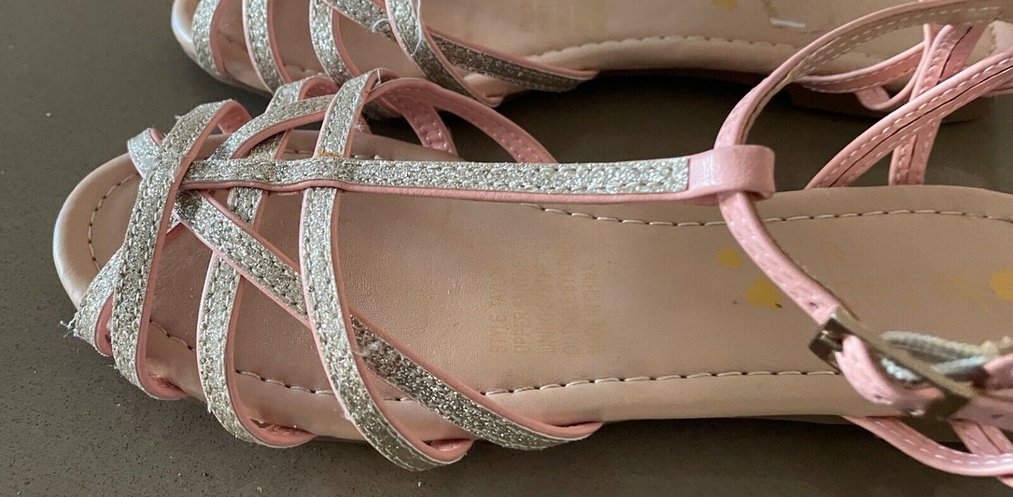 NO BOYZ Sandals Pink & Glitter PU Cut Out Open Toe Ankle Strap Flat Girls Size 2