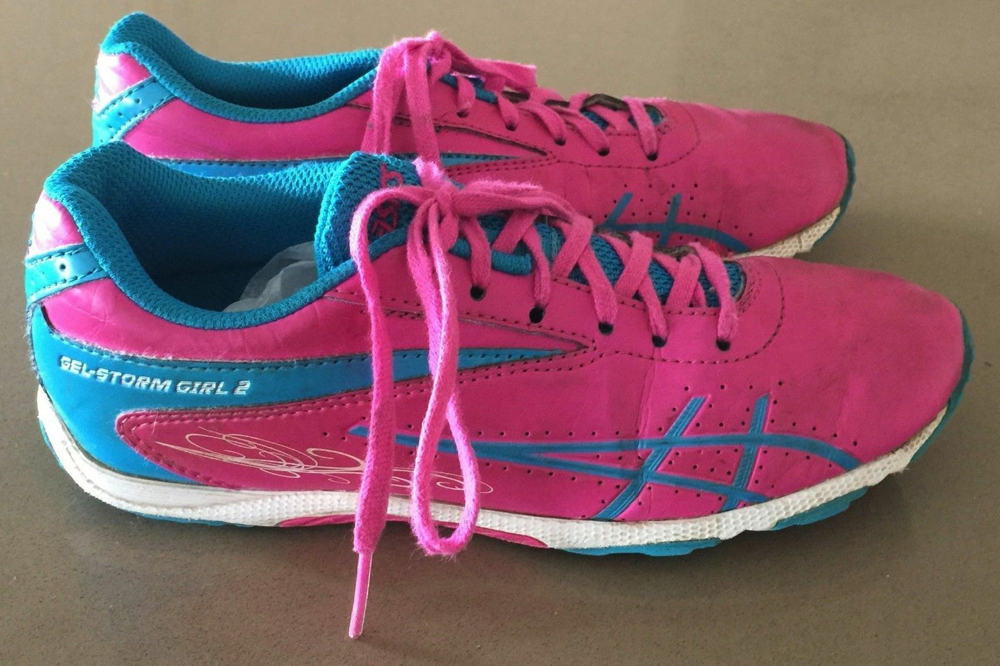 ASICS Running Shoe Pink Blue White Gel-Storm Girl 2 Girls Size 22cm US 3 EU 35