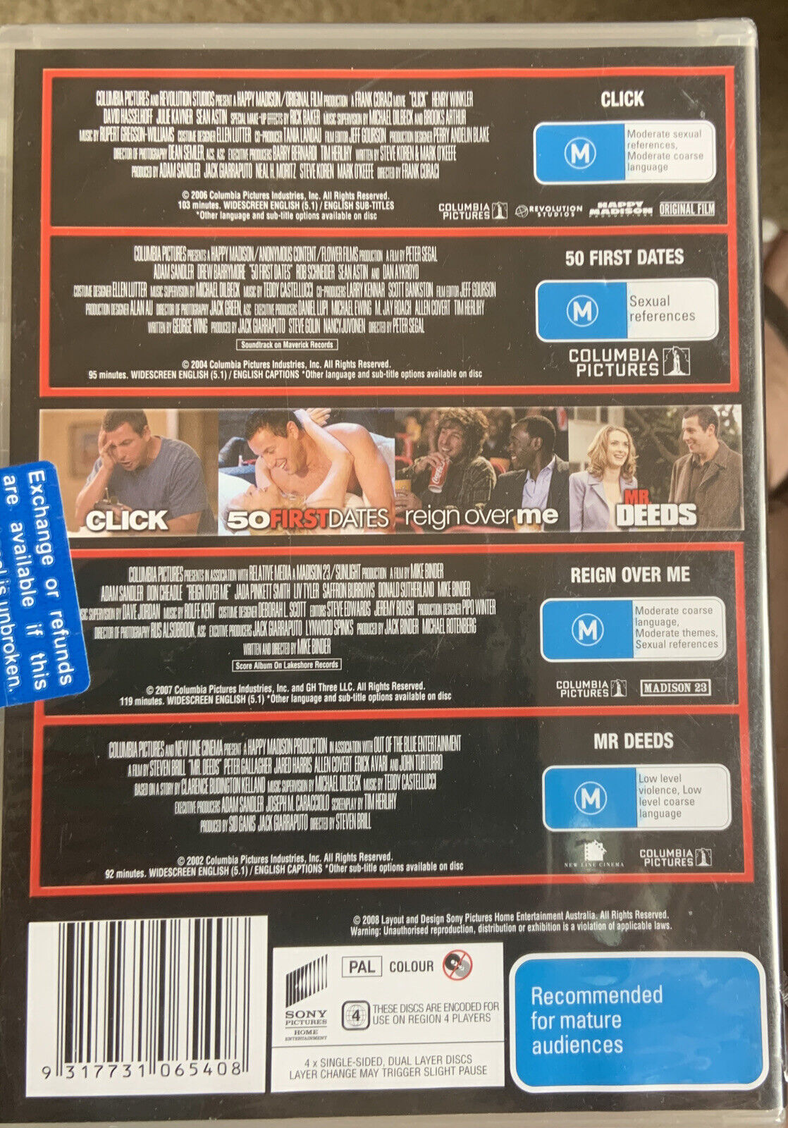 DVD 4 Movie Collector's Pack CLICK 50 FIRST REIGN OVER ME MR DEEDS Sealed NEW