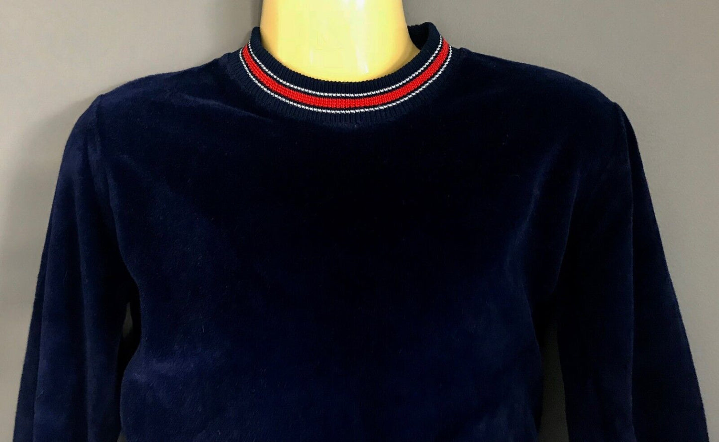 1970s Size 2 VICENZA Jumper Navy Blue Velour Red & White Rib Trim Long Sleeve