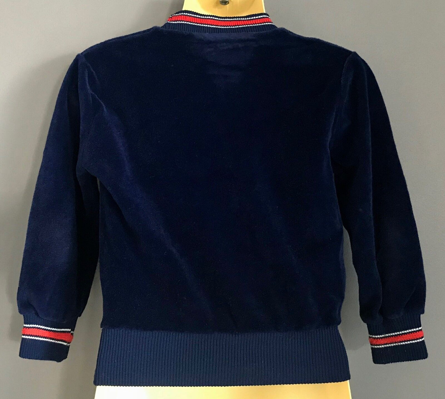 1970s Size 2 VICENZA Jumper Navy Blue Velour Red & White Rib Trim Long Sleeve