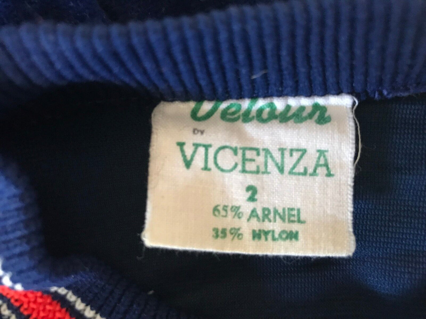 1970s Size 2 VICENZA Jumper Navy Blue Velour Red & White Rib Trim Long Sleeve