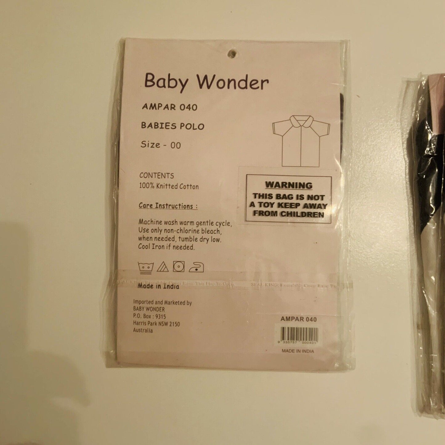 BABY WONDER Polo Shirt Size 00 3 6mth White W Navy Blue Collar Sleeves 3 Button