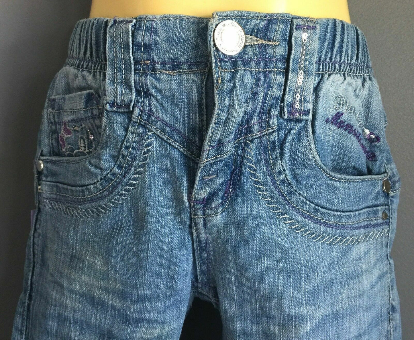Girls PICCOLA MONELLA Jeans Faded Blue Denim Bling Skinny Leg Size 4