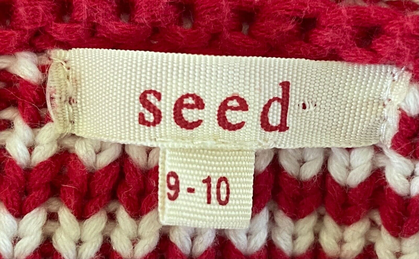 SEED Cardigan Red & White Chunky Cotton Knit Long Sleeve Girls Size 9 - 10