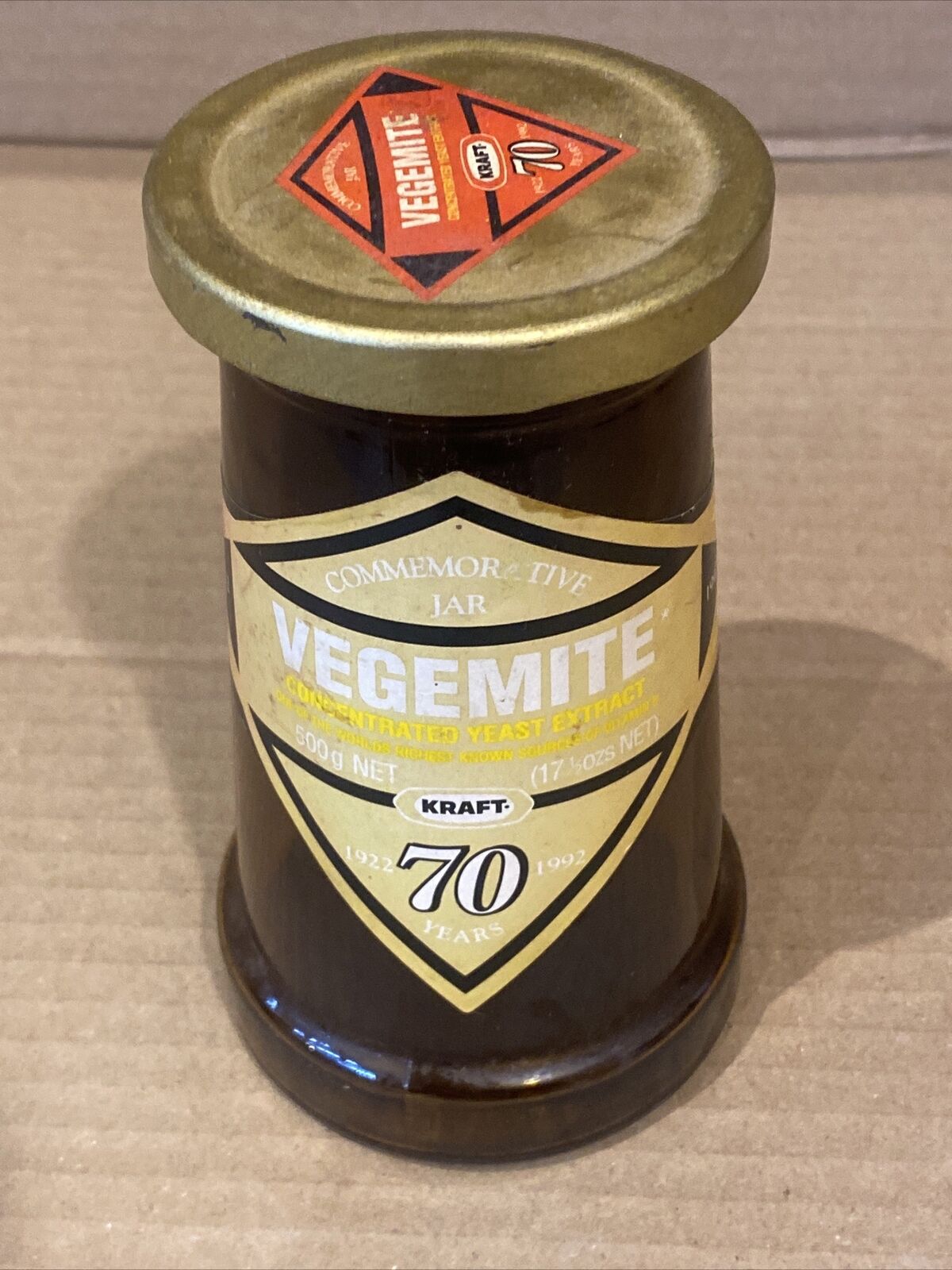 VEGEMITE Commemorative Amber Jar With Lid 70th Anniversary 1992 14cm Collectable