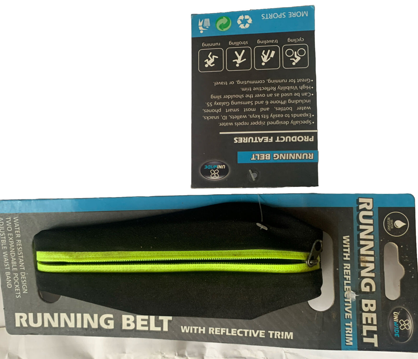Uniwide RUNNING BELT Black Blue Reflective Stretch Belt Bag 2 Pouch Water Resist