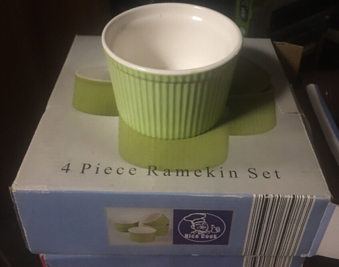 Nice Cook RAMEKIN SET 4 Piece Lime Green & White Servingware Souffle Boxed NEW