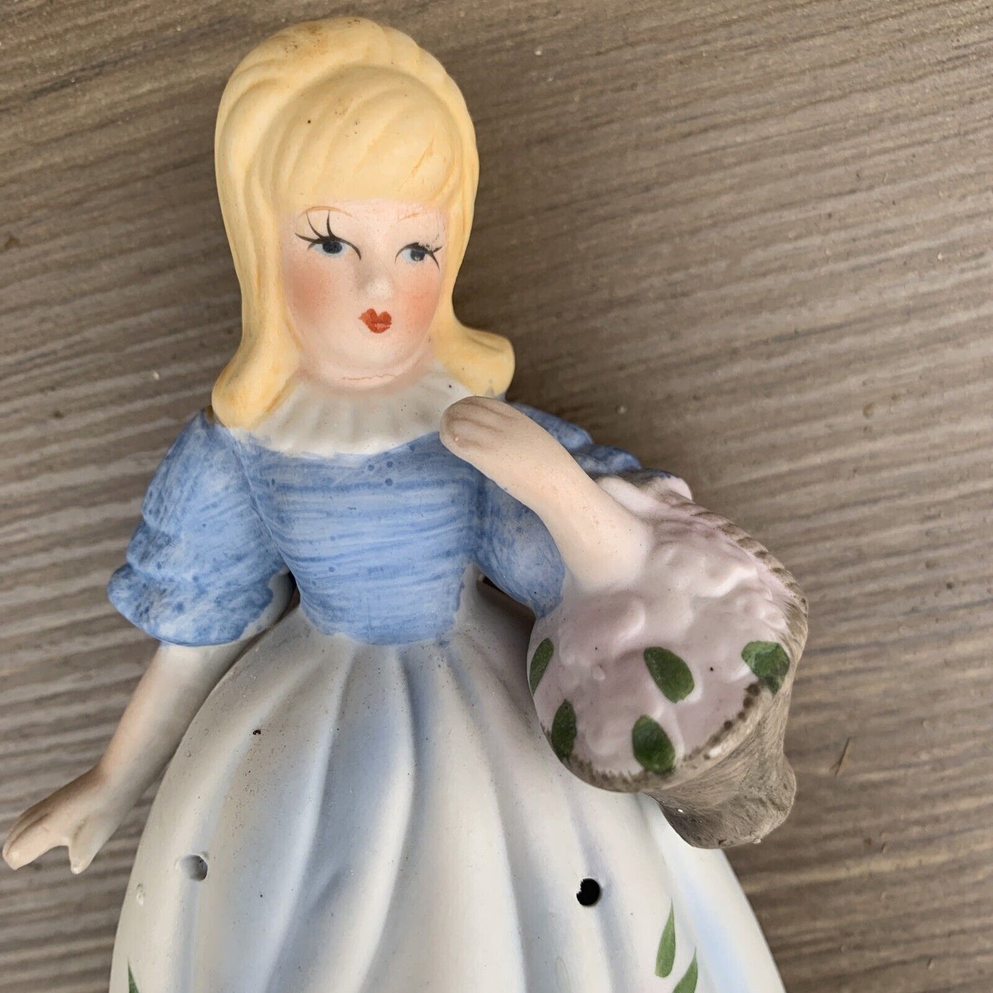 Vintage Ceramic Pomander Lady w Basket Figurine Potpourri Victorian Style Statue