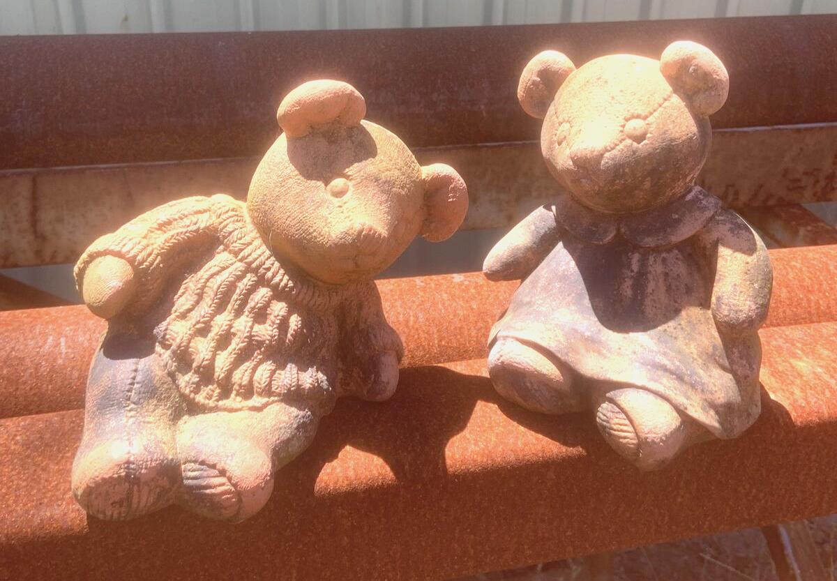 Pair Terracotta TEDDY BEARS Boy & Girl Outdoor Garden Statues Green Moss Patina