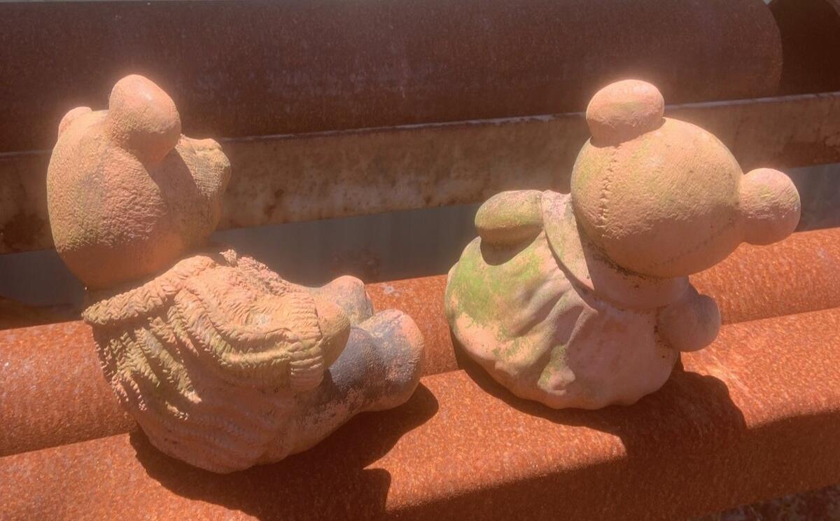 Pair Terracotta TEDDY BEARS Boy & Girl Outdoor Garden Statues Green Moss Patina