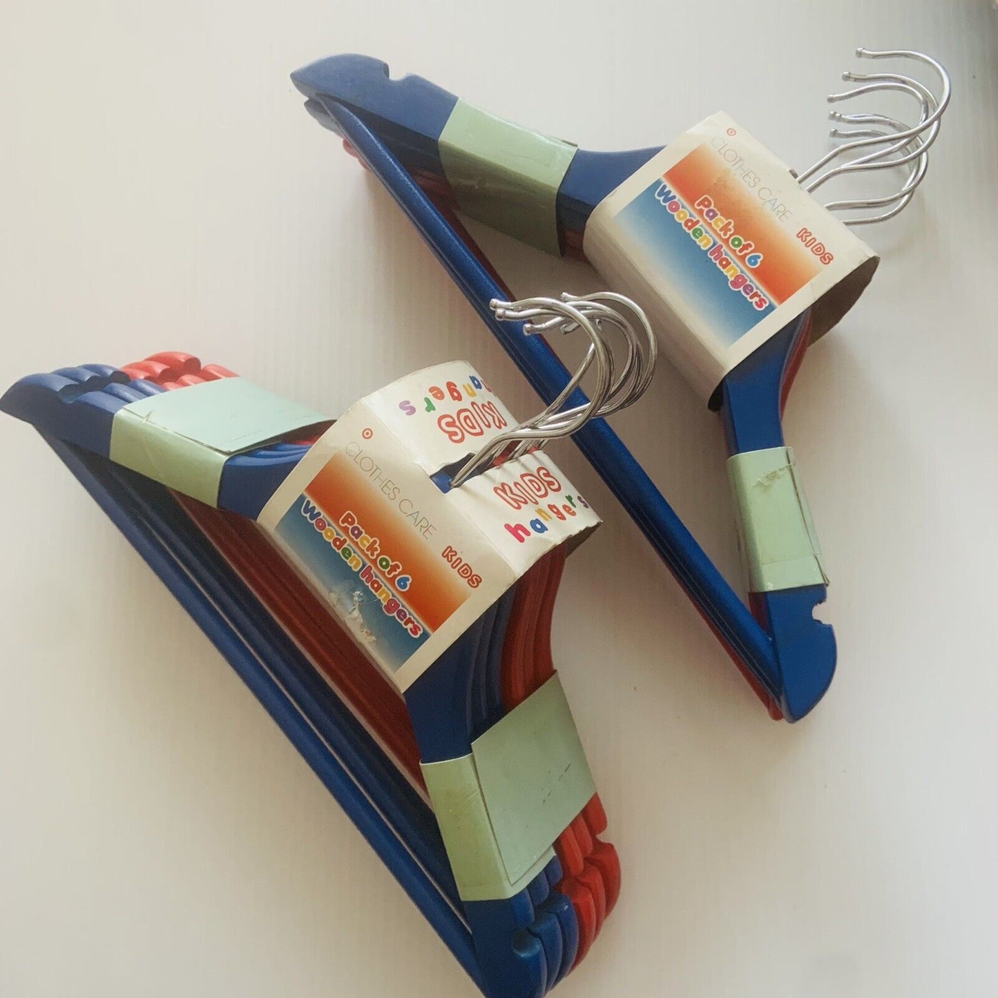 12 Kids Wooden COAT HANGERS Clothes Trouser Hanger Bar Wood Notches Red Blue NEW