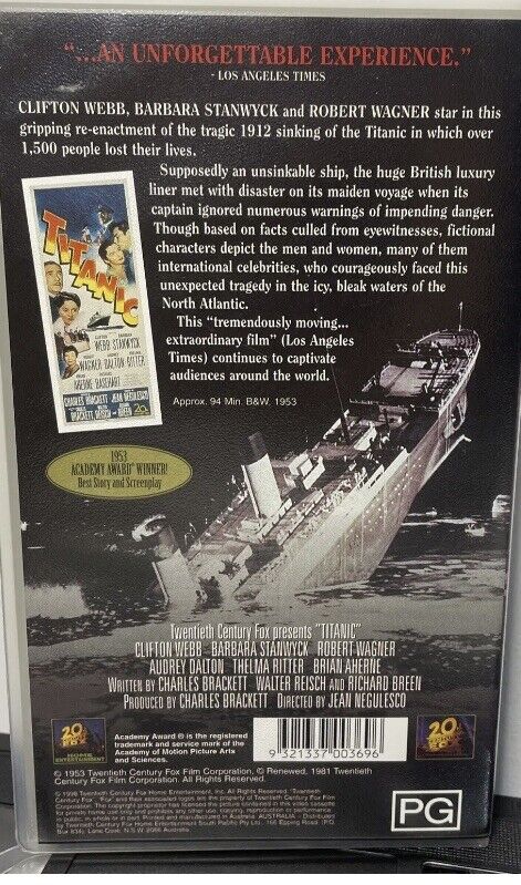 VHS TITANIC 1953 Version Academy Award Winners Video CASSETTE Tape Romance