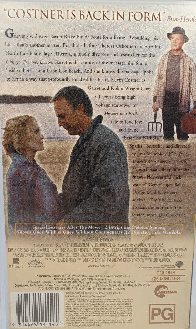 VHS MESSAGE IN A BOTTLE 2000 Kevin Costner Paul Newman Video Special Edition PAL