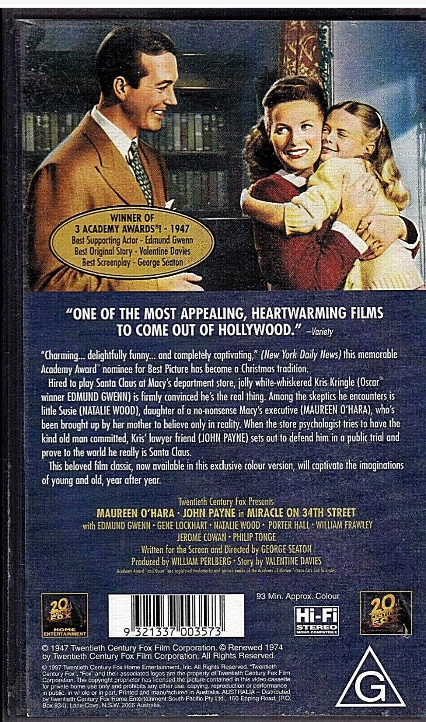 VHS MIRACLE ON 34th STREET Maureen O'Hara Natalie Wood VIDEO Tape Pal