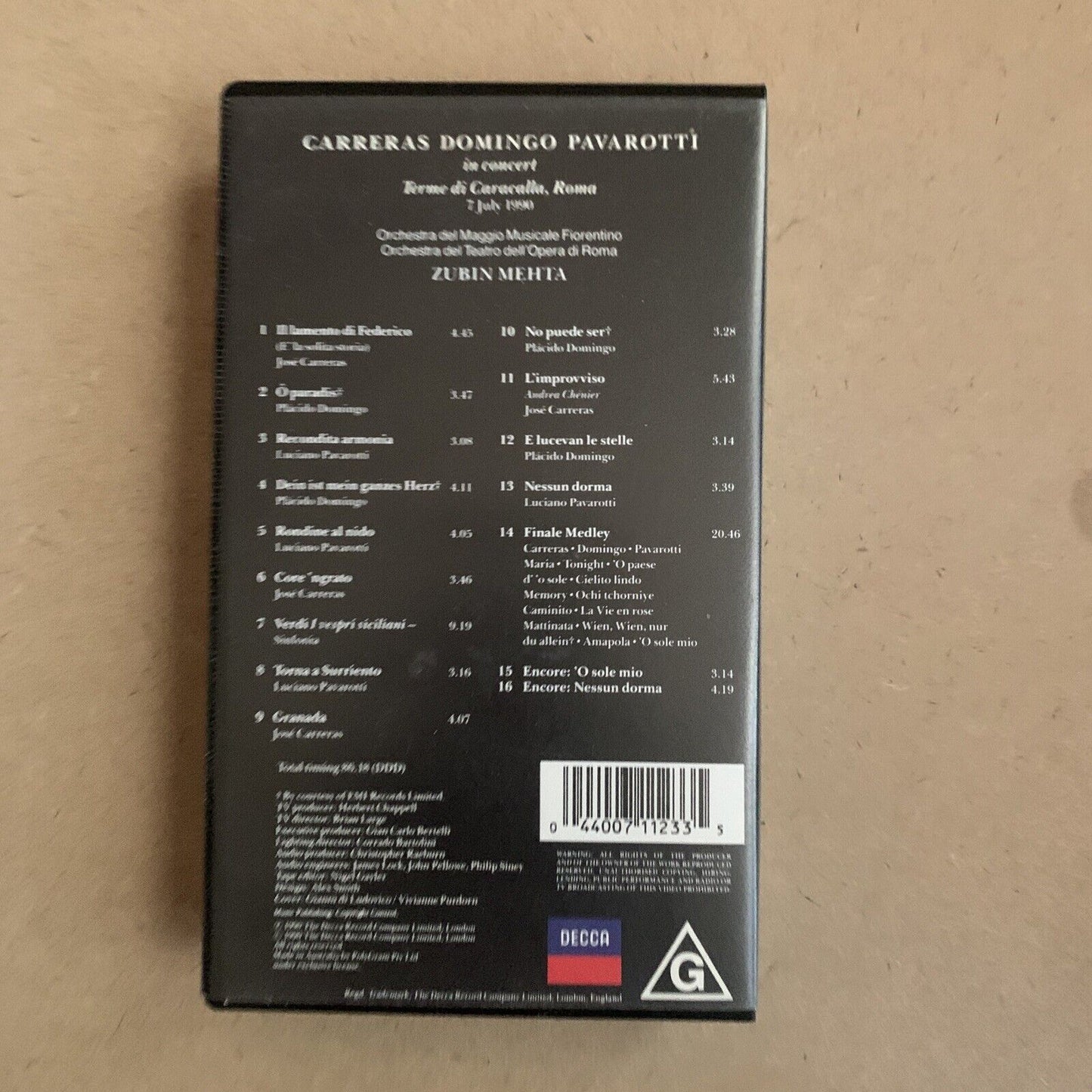 VHS Carreras Domingo Pavarotti in Concert Mehta Tape Video Music Opera G 1990