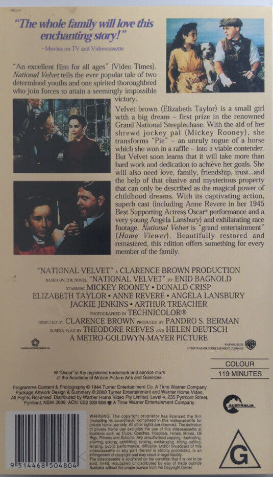 VHS NATIONAL VELVET Elizabeth Taylor Mickey Rooney Video Tape Warner Bros Family