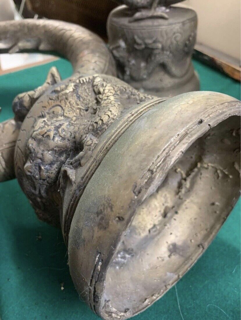 Antique Asian Sculpture 2X DRAGONS 93cm Candle Stands Silvered Cast Brass Metal