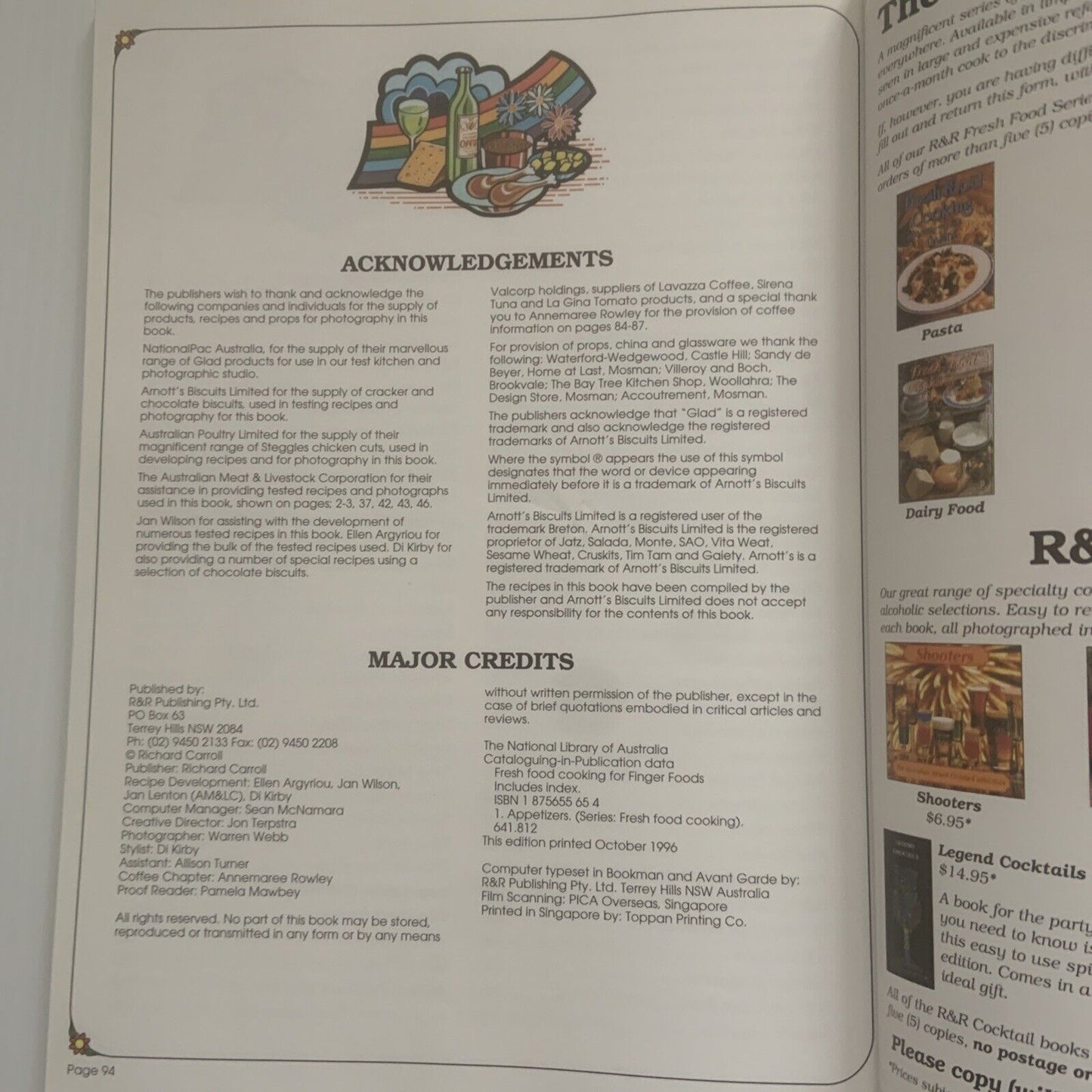Cookbook FiNGER FOODS Fresh Food Cooking For Recipes PB 1996 Retro Vintage New
