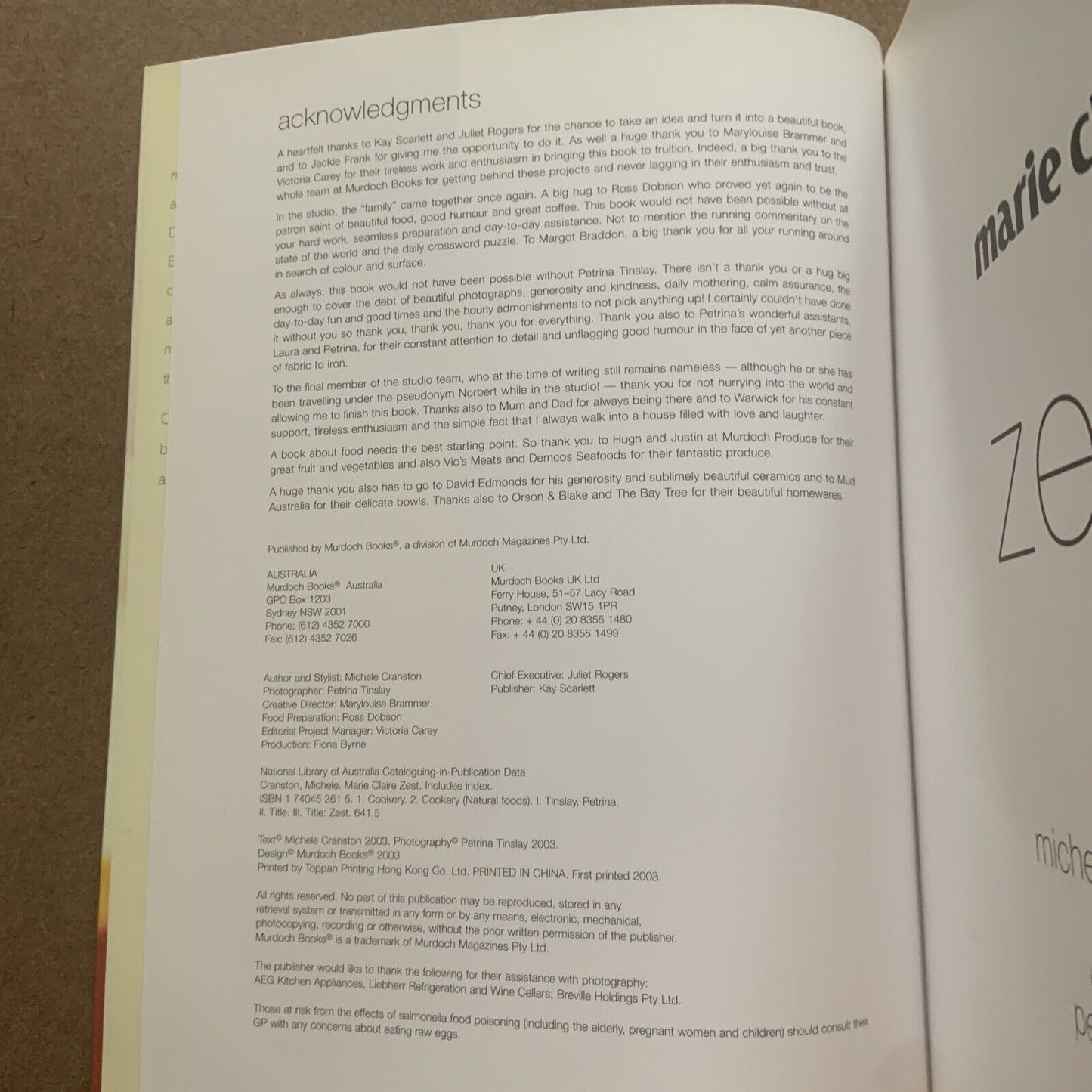 Cookbook MARIE CLAIRE ZEST by Michele Cranston Large PB 2003 Recipes