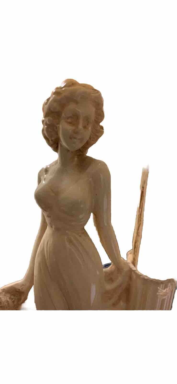 Vintage Table Lamp Lady W 2 Hound Dogs Ceramic 33cm High To Fitting - Working