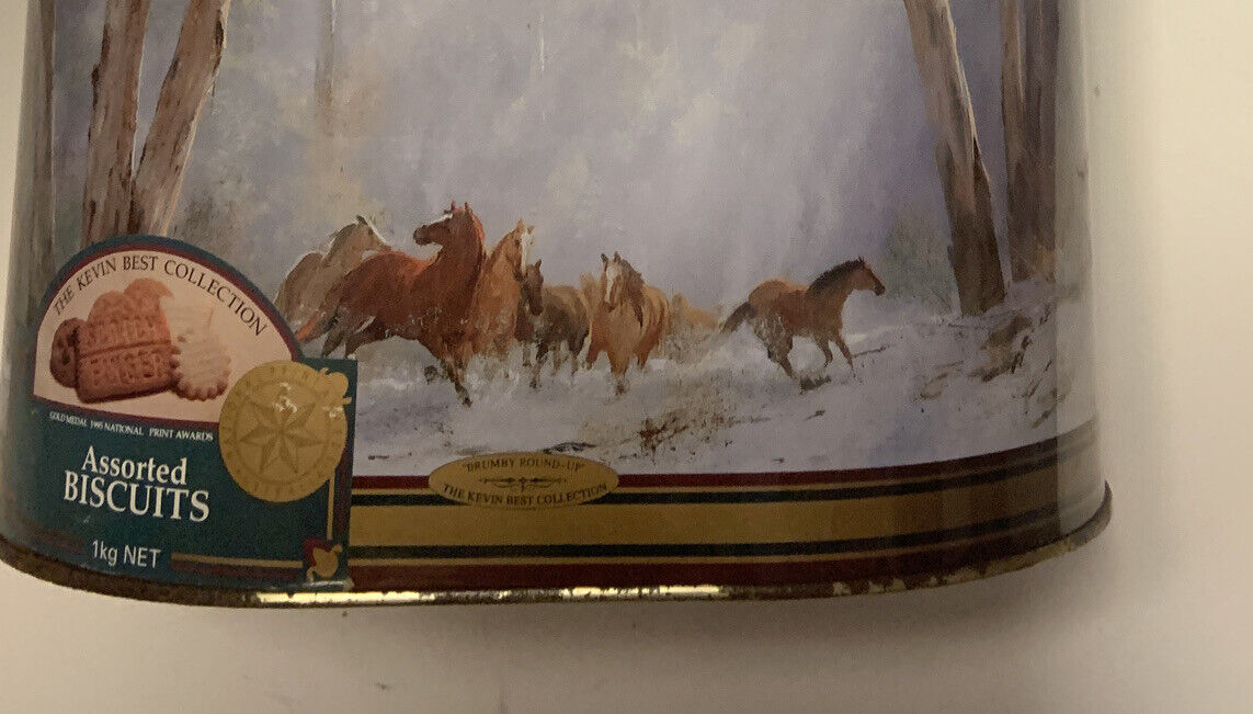 Metal Tin The KEVIN BEST COLLECTION Lg OVAL BISCUIT 1996 Brumbies Horses Empty