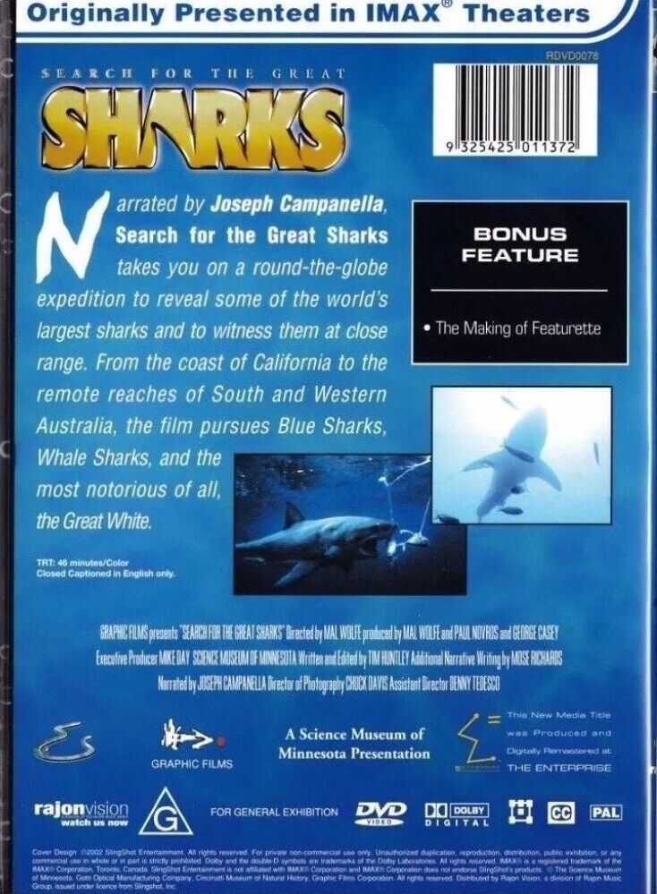 DVD IMax Film Search for the Great Sharks + Bonus feature Digitally Remastered