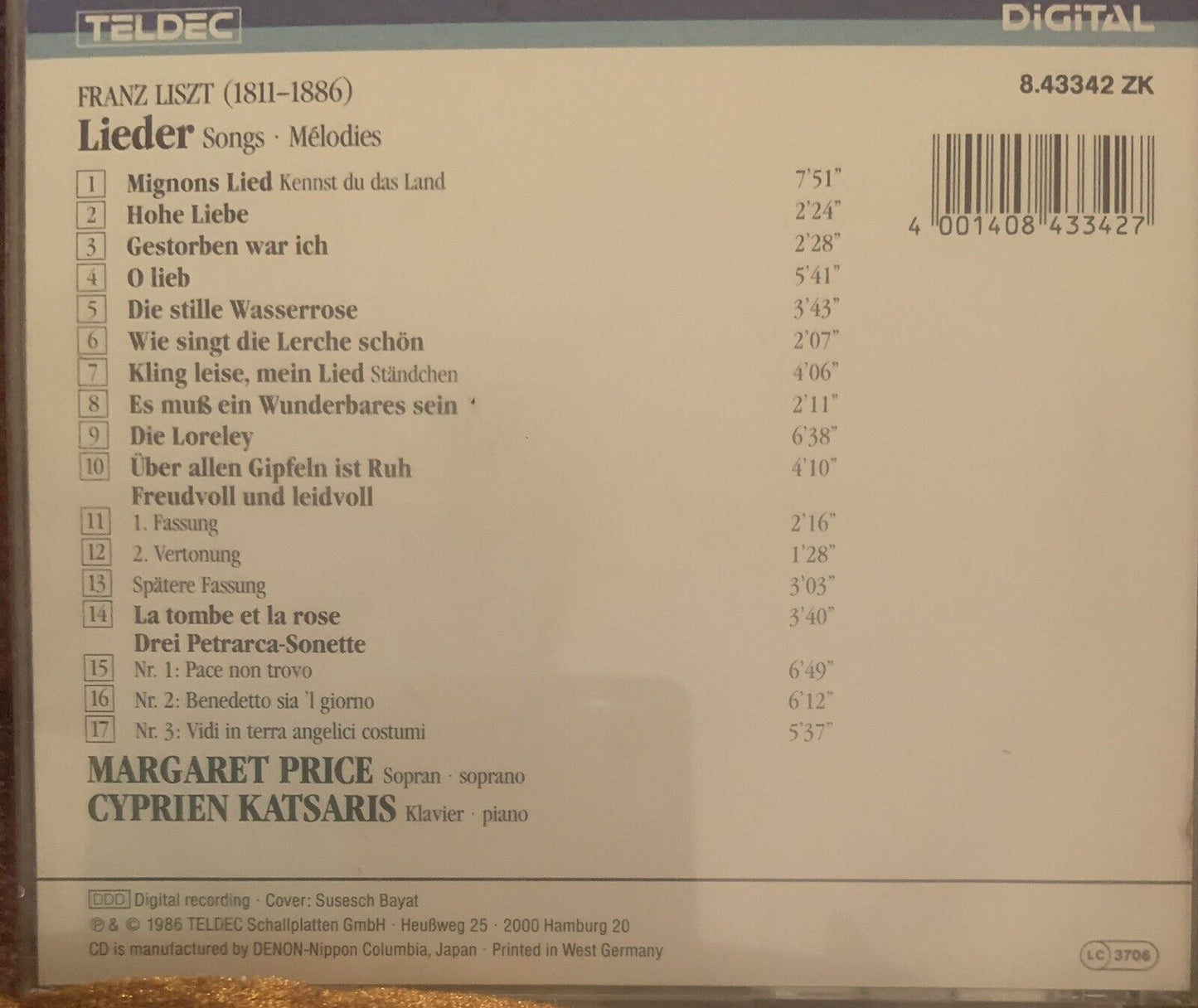 CD FRANZ LISZT 3 Petrarca-Sonette CYPRIEN KATSARIS MARGARET PRICE Audio 1986
