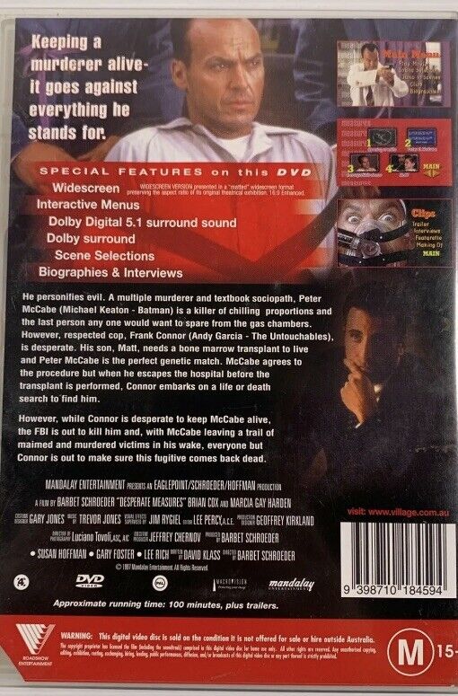 Desperate Measures DVD 1997 Michael Keaton Andy Garcia R4 Drama Action Movie