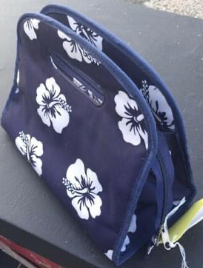 NAVY CANVAS & WHITE HIBISCUS TOILETRY MAKEUP BAG good condition zips