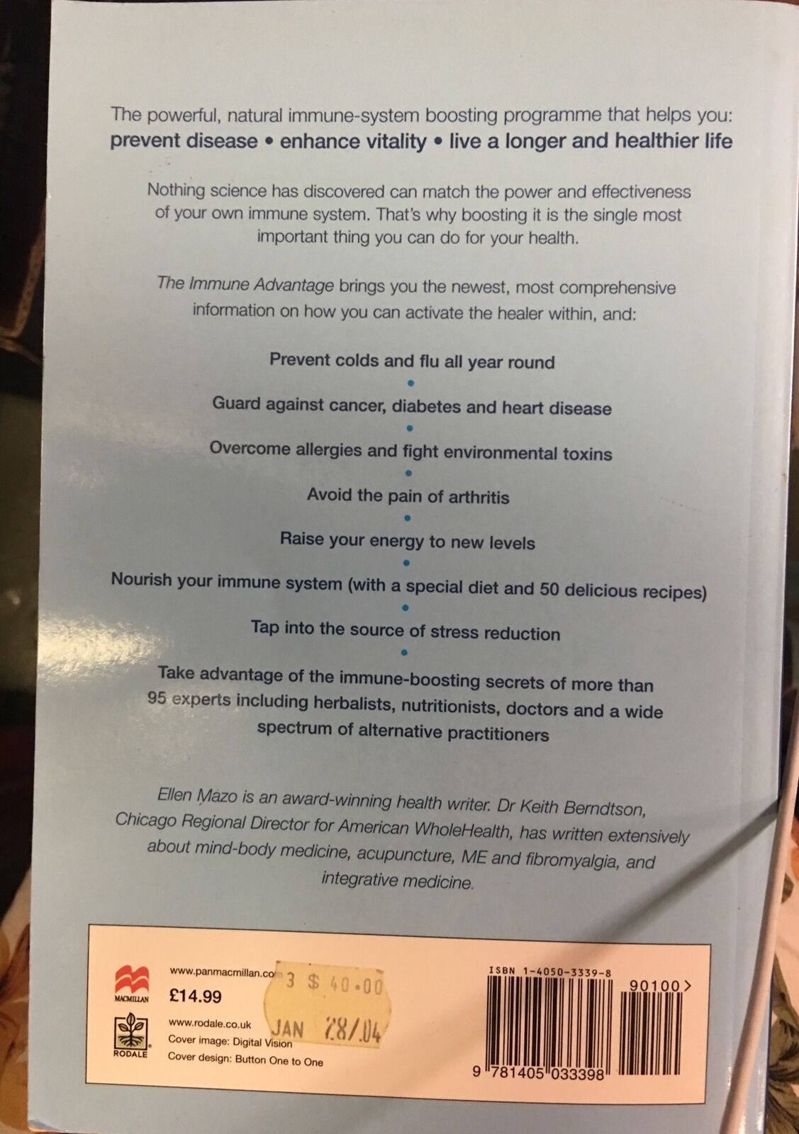 Book THE IMMUNE ADVANTAGE Ellen Mazzo & Dr K Berndstson Boost Your Immune System