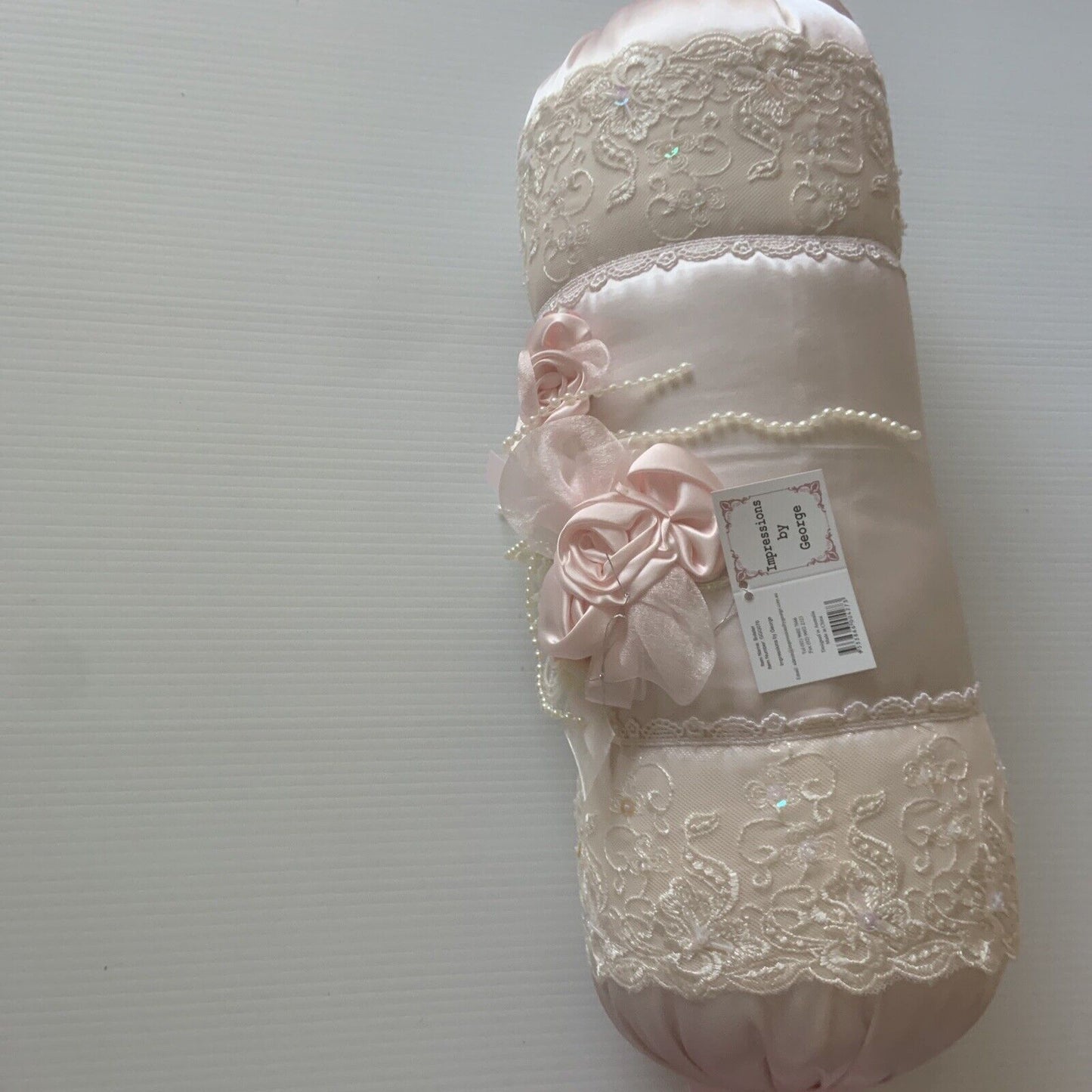 43cm Cylinder BOLSTER Pillow Pink Satin Cushion Insert Rosette Pearl Neck Roll