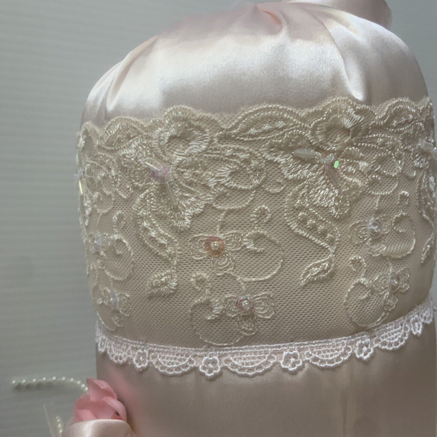 43cm Cylinder BOLSTER Pillow Pink Satin Cushion Insert Rosette Pearl Neck Roll