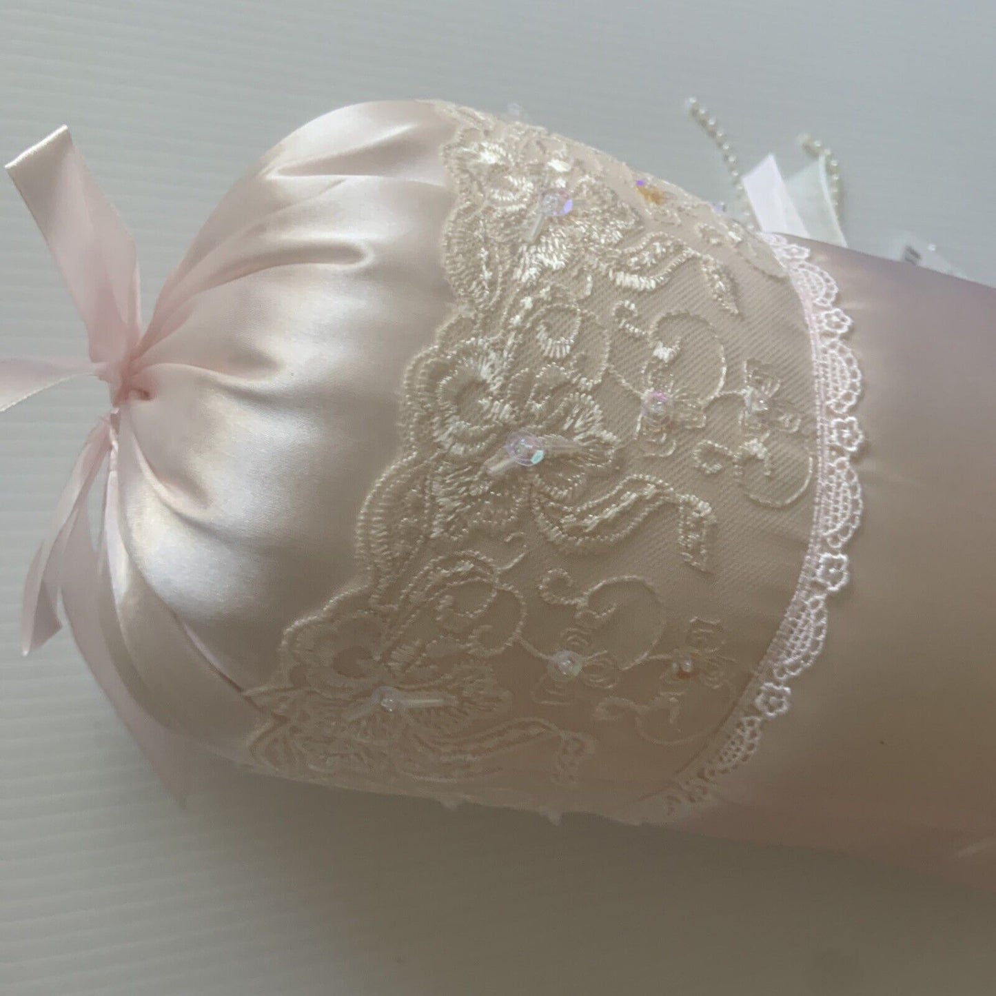 43cm Cylinder BOLSTER Pillow Pink Satin Cushion Insert Rosette Pearl Neck Roll