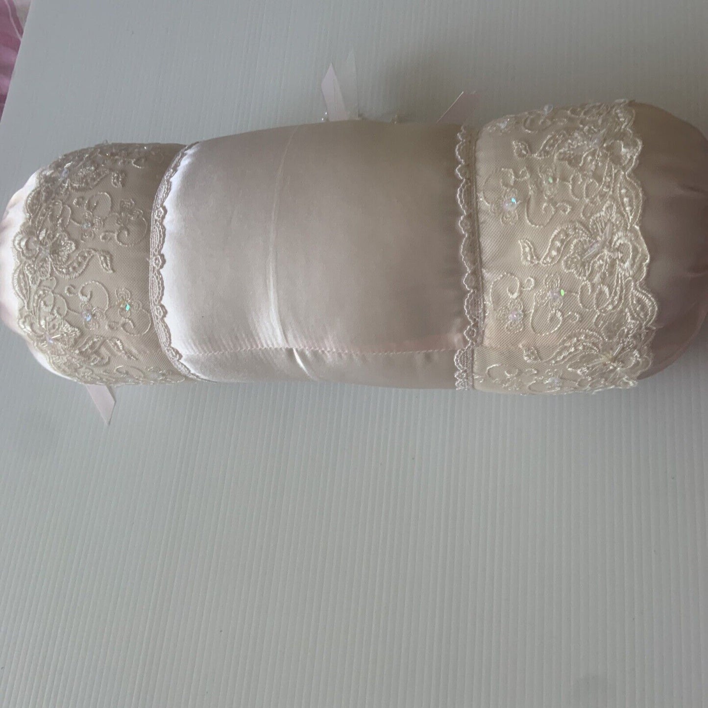 43cm Cylinder BOLSTER Pillow Pink Satin Cushion Insert Rosette Pearl Neck Roll
