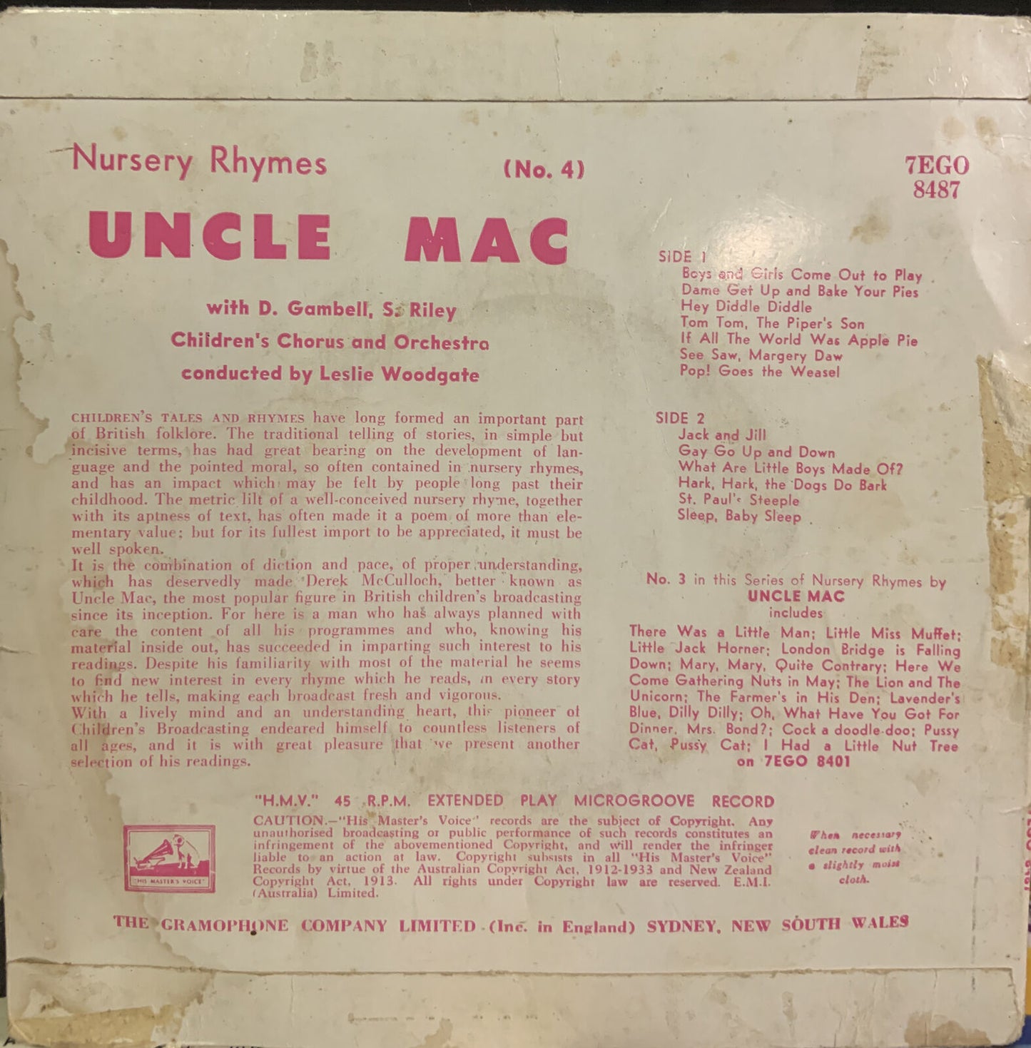 7” Vinyl Single Nursery Rhymes No 4 UNCLE MAC His Masters Voice 7EHO 8487 Record