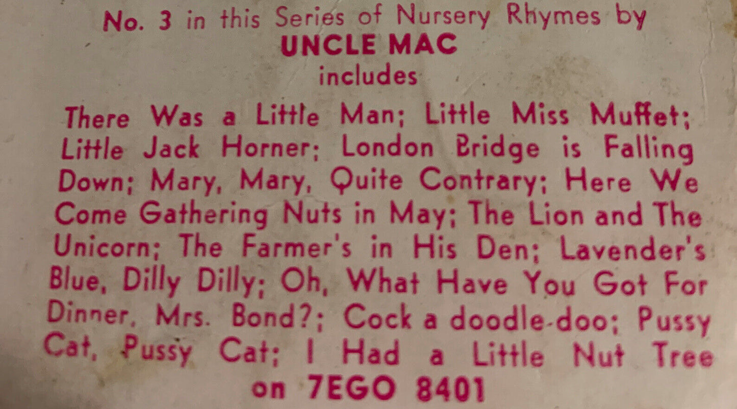 7” Vinyl Single Nursery Rhymes No 4 UNCLE MAC His Masters Voice 7EHO 8487 Record
