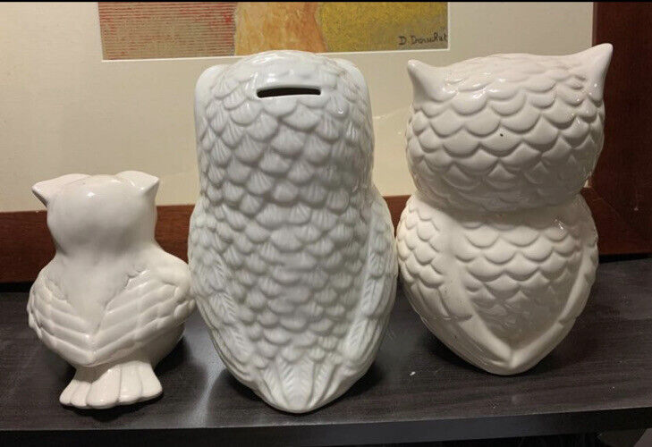 MONEY BOX 1x 22cm White OWL Ceramic + 2x 13cm & 20cm Owl Figurines Decor TRIO